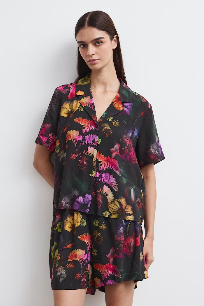 Piżama damska z wiskozy z motywem roślinnym RW26-PJD501 czarny RW26