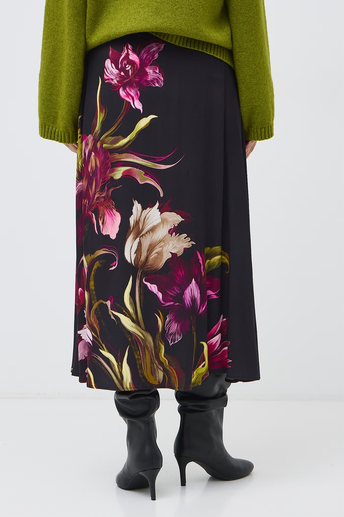 Odzież Spódnica rozkloszowana z wiskozy maxi w kwiaty RW26-SDD500 czarny