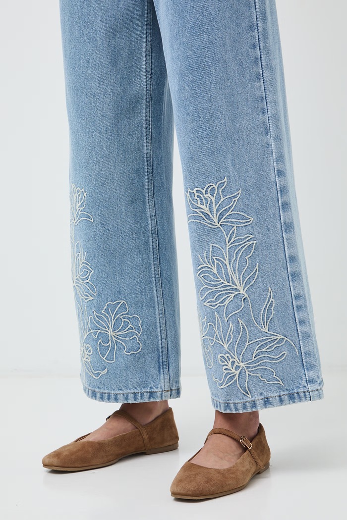 Jeansy wide leg damskie z haftami niebieski RW26-SJD202