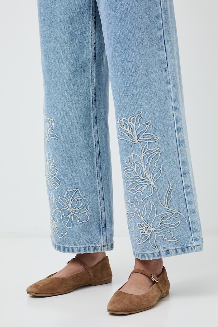 Jeansy wide leg damskie z haftami niebieski RW26-SJD202