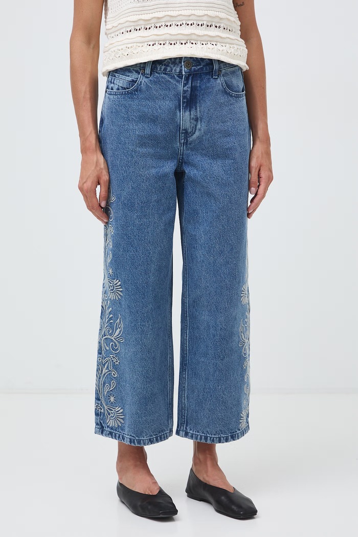 Jeansy straight damskie high waist z haftami RW26-SJD311 niebieski RW26