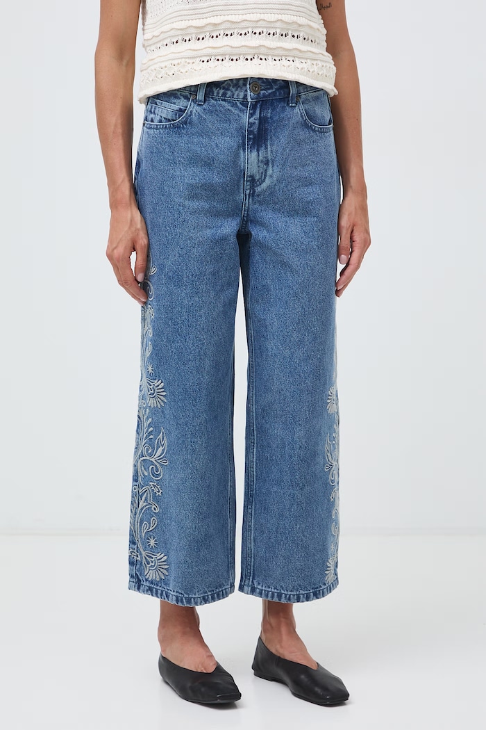 Jeansy straight damskie high waist z haftami RW26-SJD311 niebieski RW26