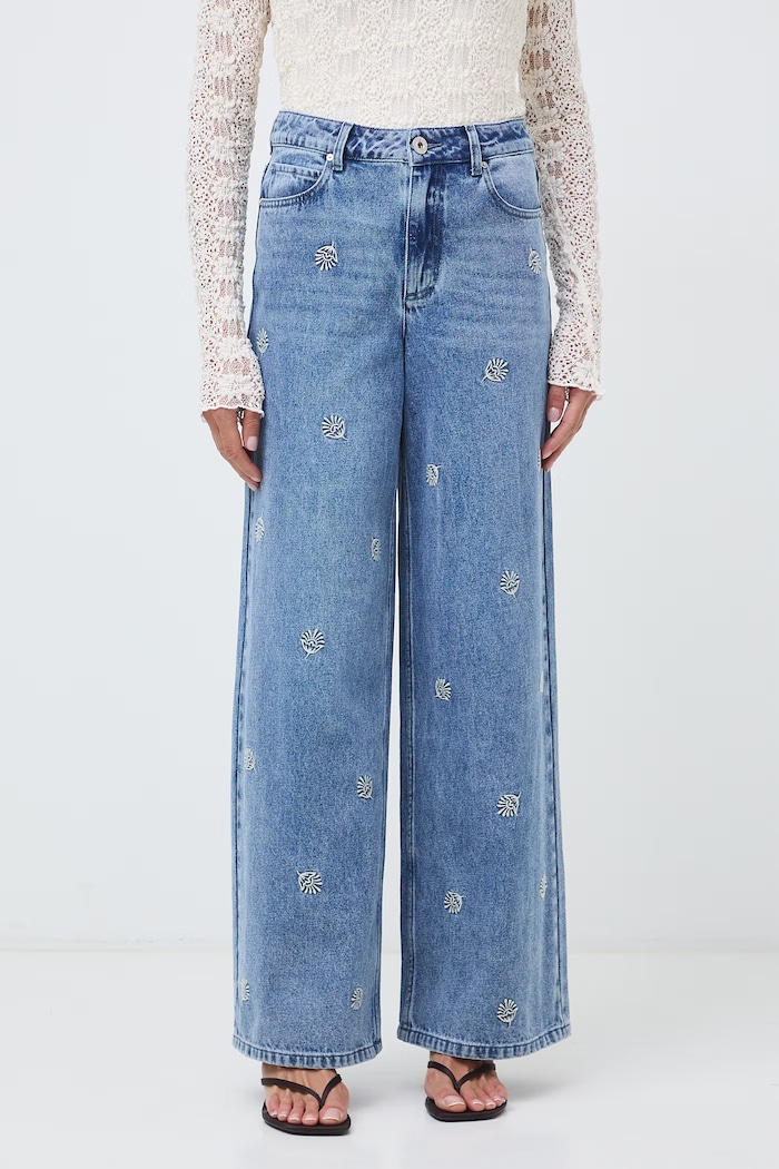 Jeansy wide leg damskie z haftami RW26-SJD313 niebieski RW26