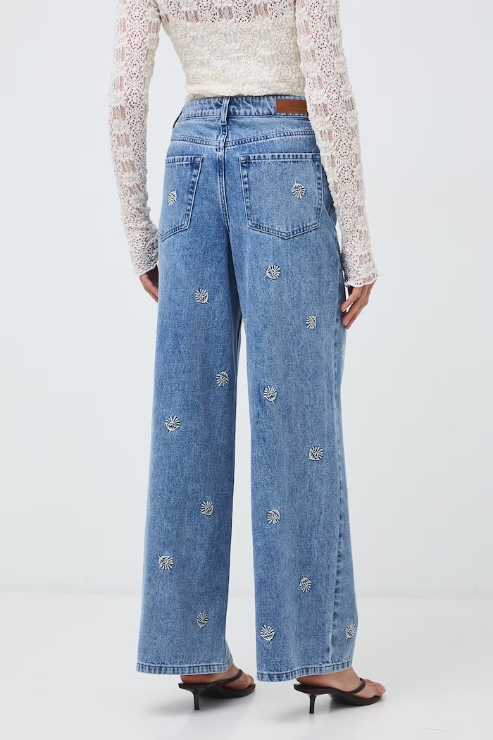 Odzież Jeansy wide leg damskie z haftami RW26-SJD313 niebieski