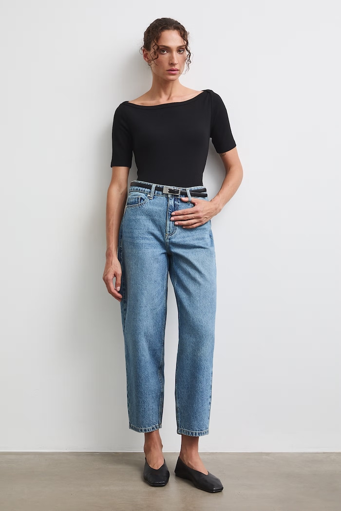 Jeansy slouchy damskie z efektem sprania niebieski RW26-SJD315
