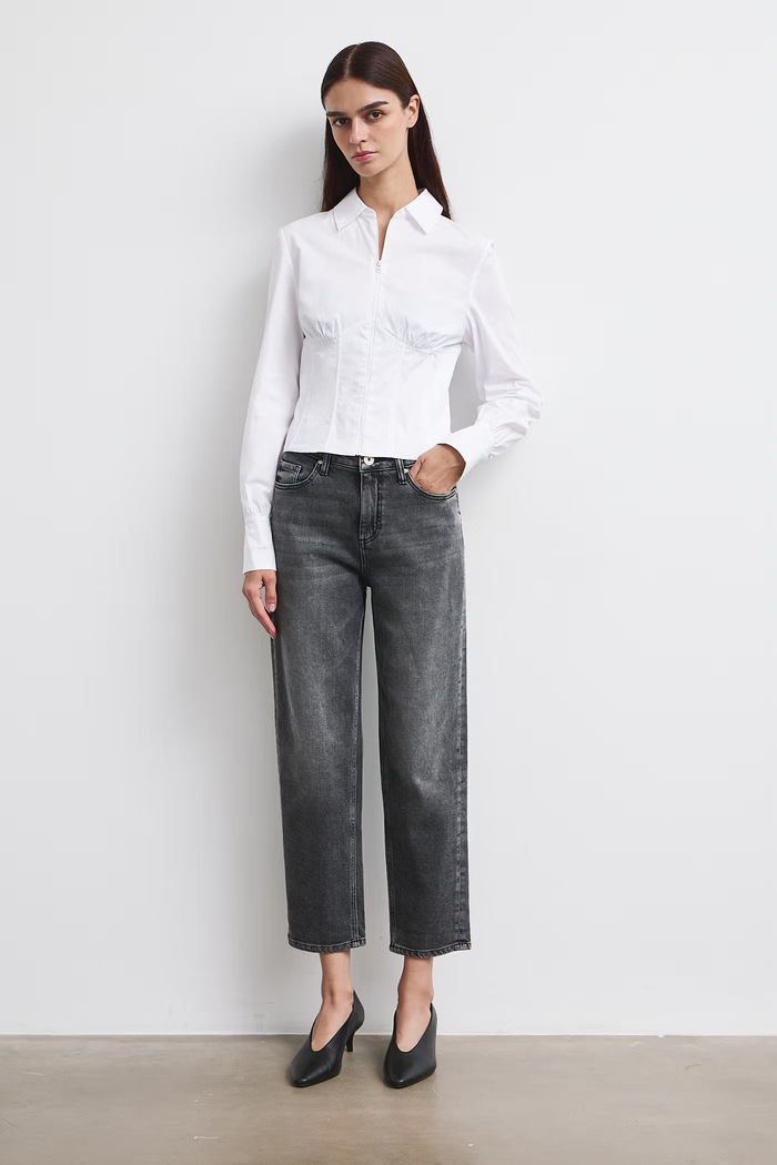 Jeansy mom fit damskie z efektem sprania szary RW26-SJD513
