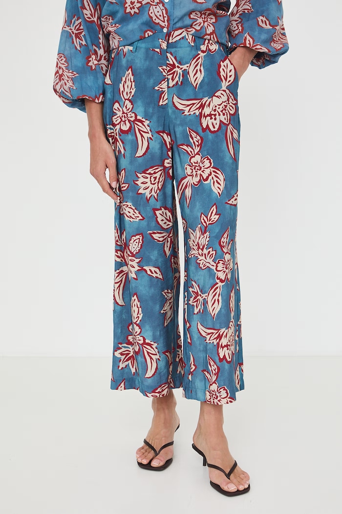 Spodnie culottes damskie z wiskozą z motywem roślinnym RW26-SPD011 niebieski RW26