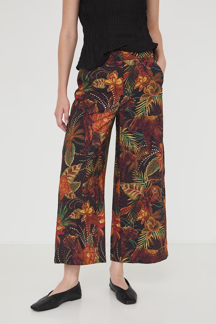 Spodnie culottes damskie z wiskozą z motywem zwierzęcym RW26-SPD011 czarny RW26