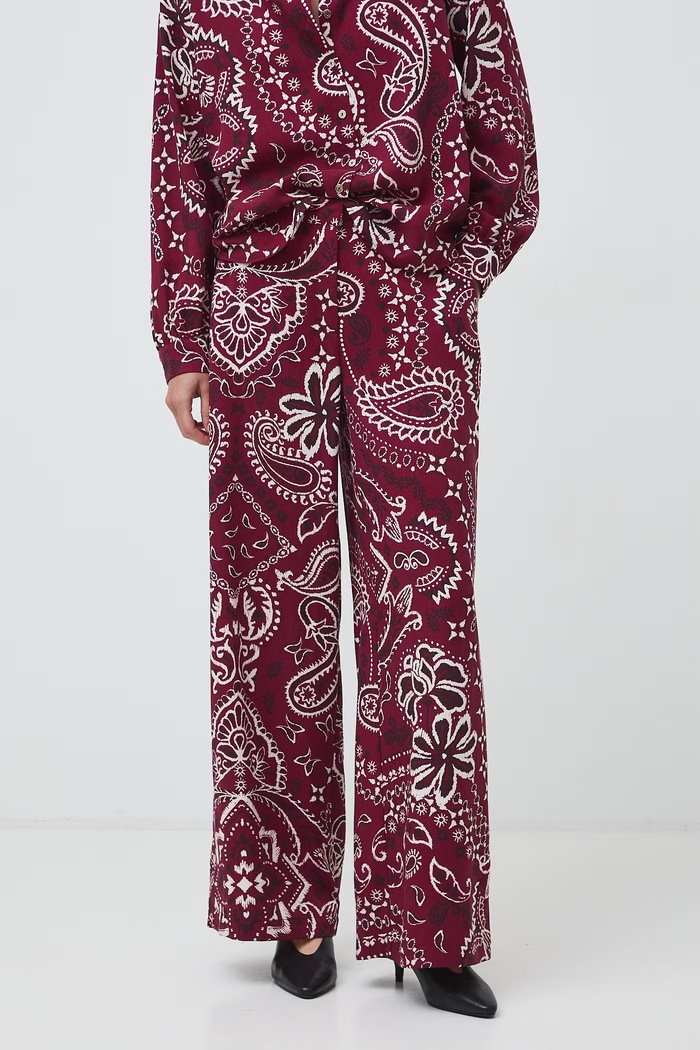 Spodnie wide leg damskie z lyocellu paisley RW26-SPD303 bordowy RW26
