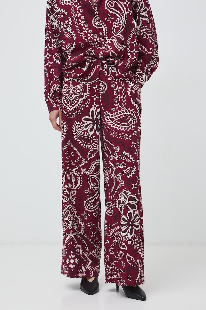 Spodnie wide leg damskie z lyocellu paisley RW26-SPD303 bordowy RW26