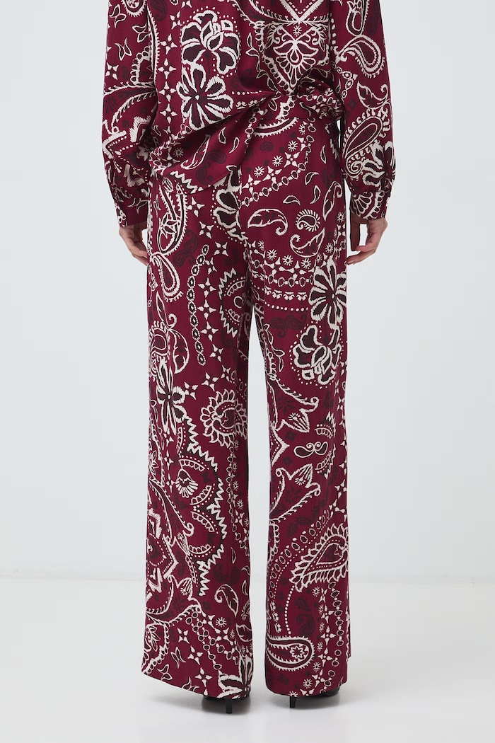 Odzież Spodnie wide leg damskie z lyocellu paisley RW26-SPD303 bordowy
