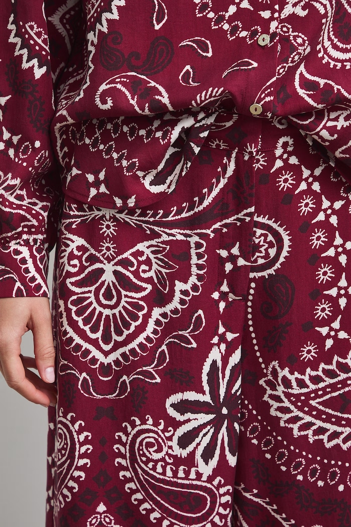 Spodnie wide leg damskie z lyocellu paisley bordowy RW26-SPD303