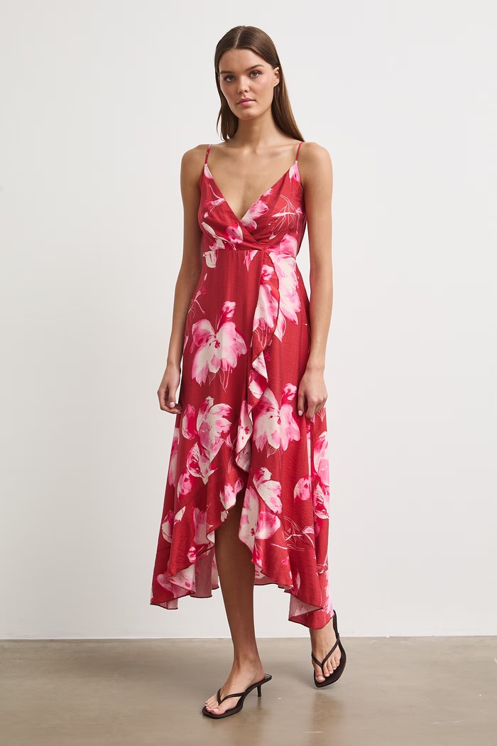 Sukienka rozkloszowana z wiskozą w kwiaty multicolor RW26-SUD291