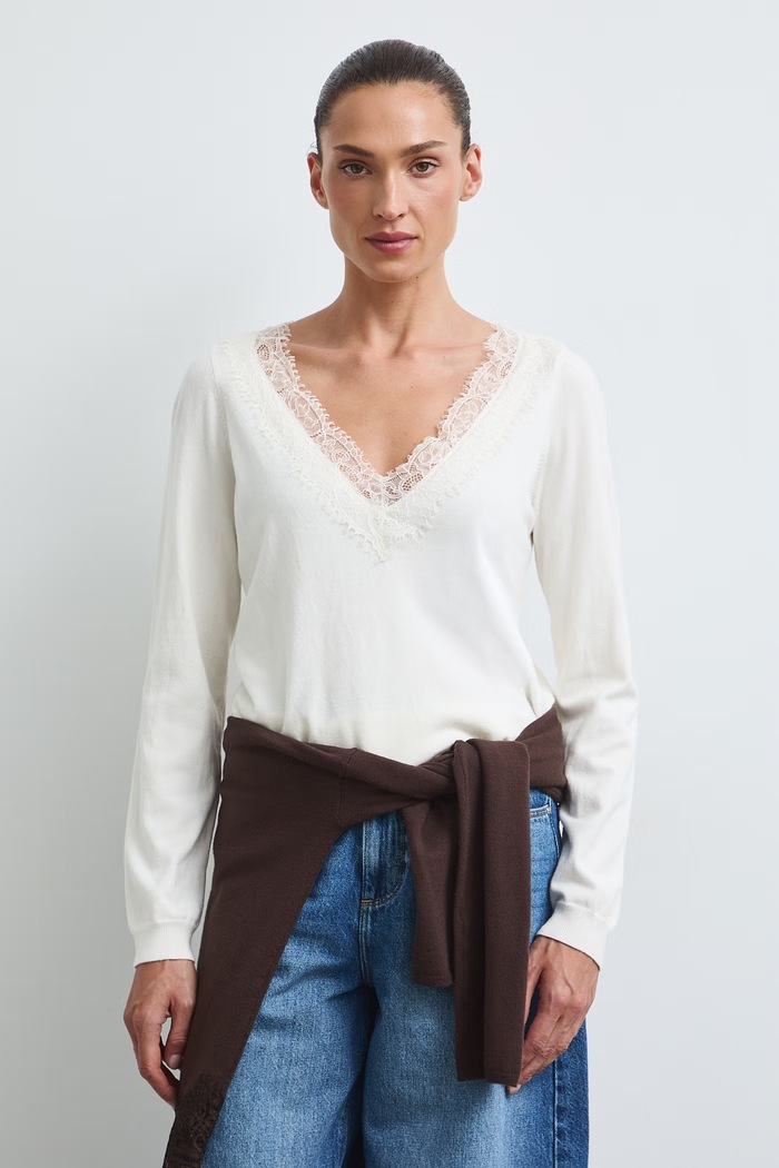 Sweter damski z wiskozą z koronką beżowy RW26-SWD309