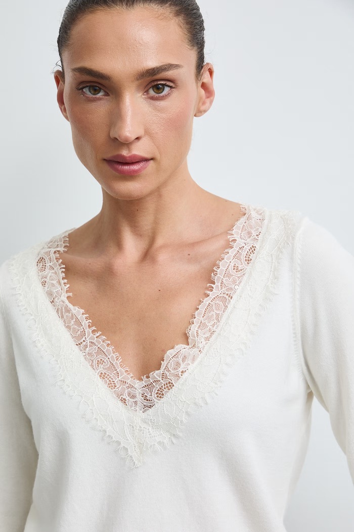 Sweter damski z wiskozą z koronką beżowy RW26-SWD309