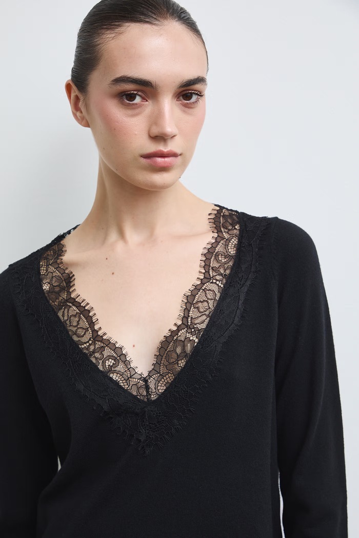 Sweter damski z wiskozą z koronką czarny RW26-SWD309