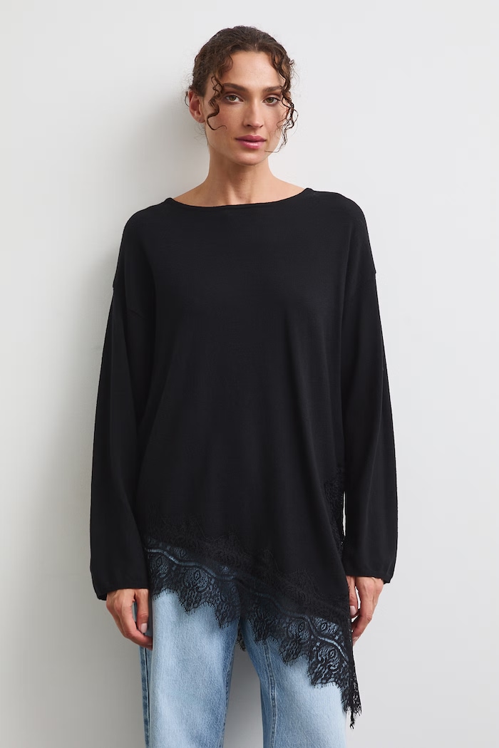 Sweter damski z wiskozą z koronką czarny RW26-SWD310