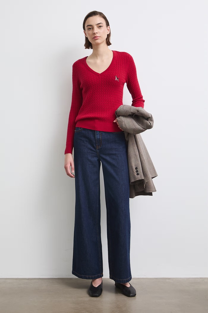 Sweter damski z wiskozą z haftem z motywem zwierzęcym RW26-SWD405 czerwony RW26