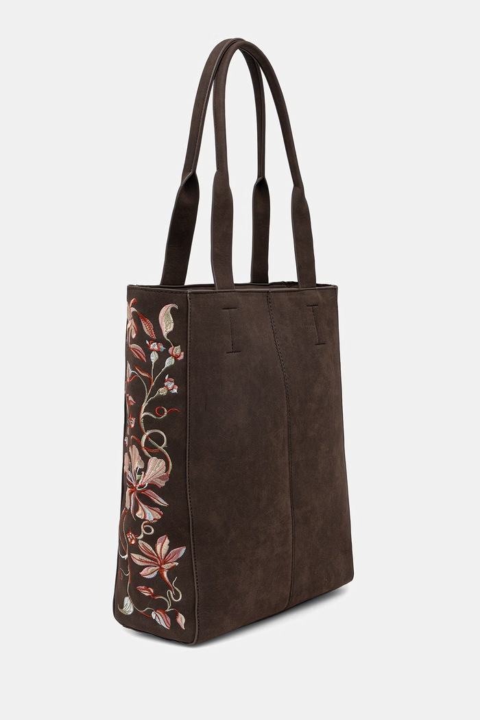 Torebka shopper damska z imitacji zamszu z haftami RW26-TOD205 brązowy RW26