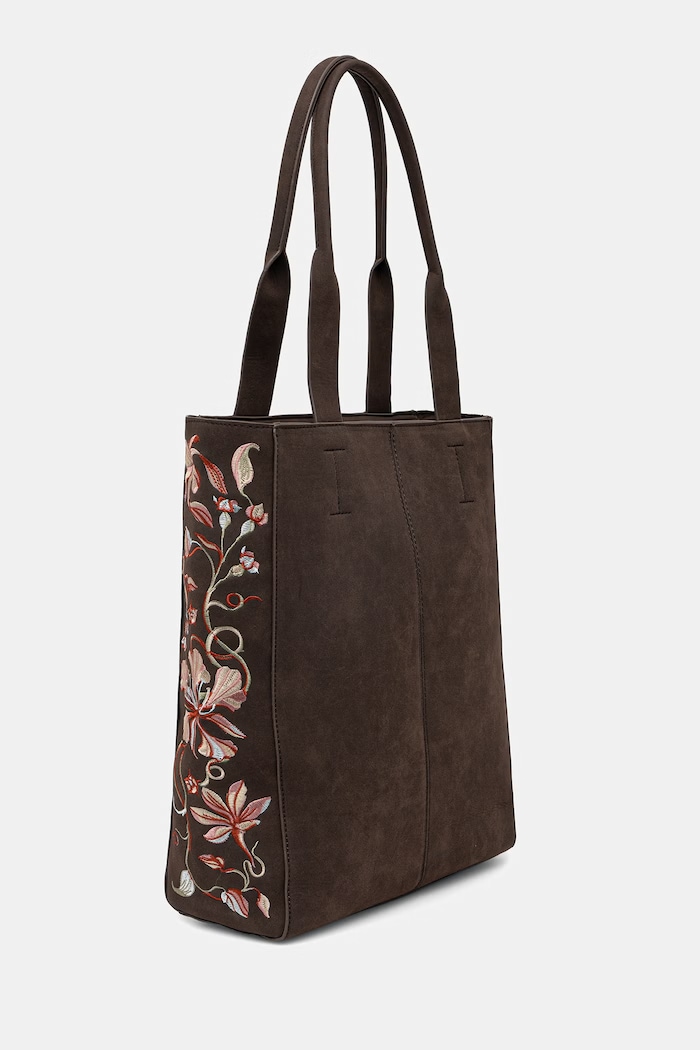 Torebka shopper damska z imitacji zamszu z haftami RW26-TOD205 brązowy RW26