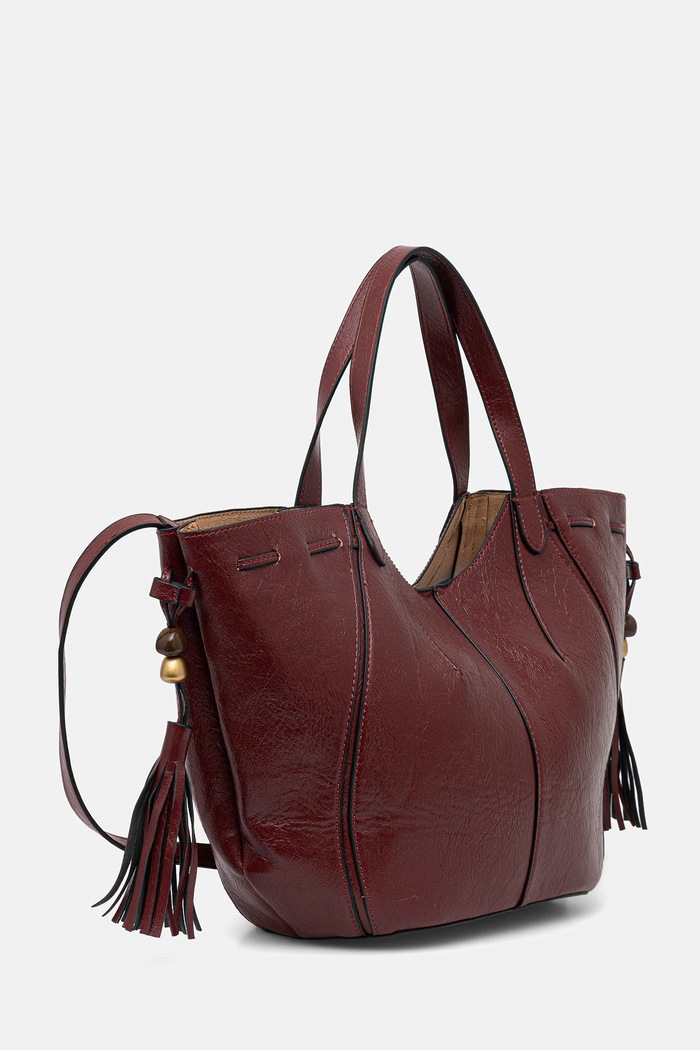 Doplnky Kabelka typu shopper dámska z imitácie kože s visiacimi korálkami RW26-TOD301 burgundské