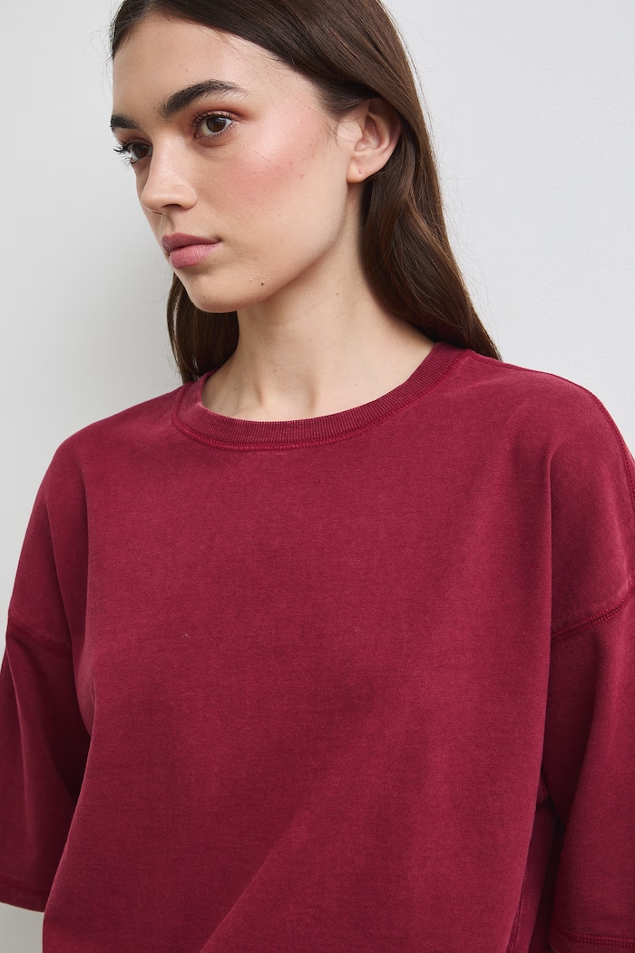T-shirt damski bawełniany z efektem sprania bordowy RW26-TSD011