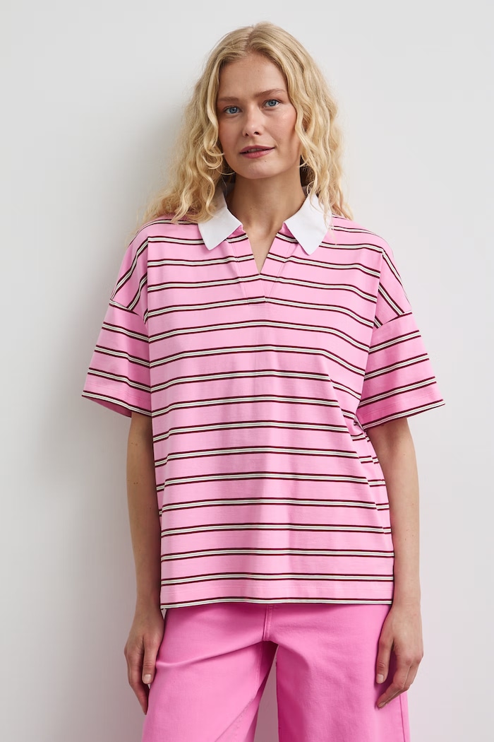 T-shirt damski bawełniany w paski różowy RW26-TSD110