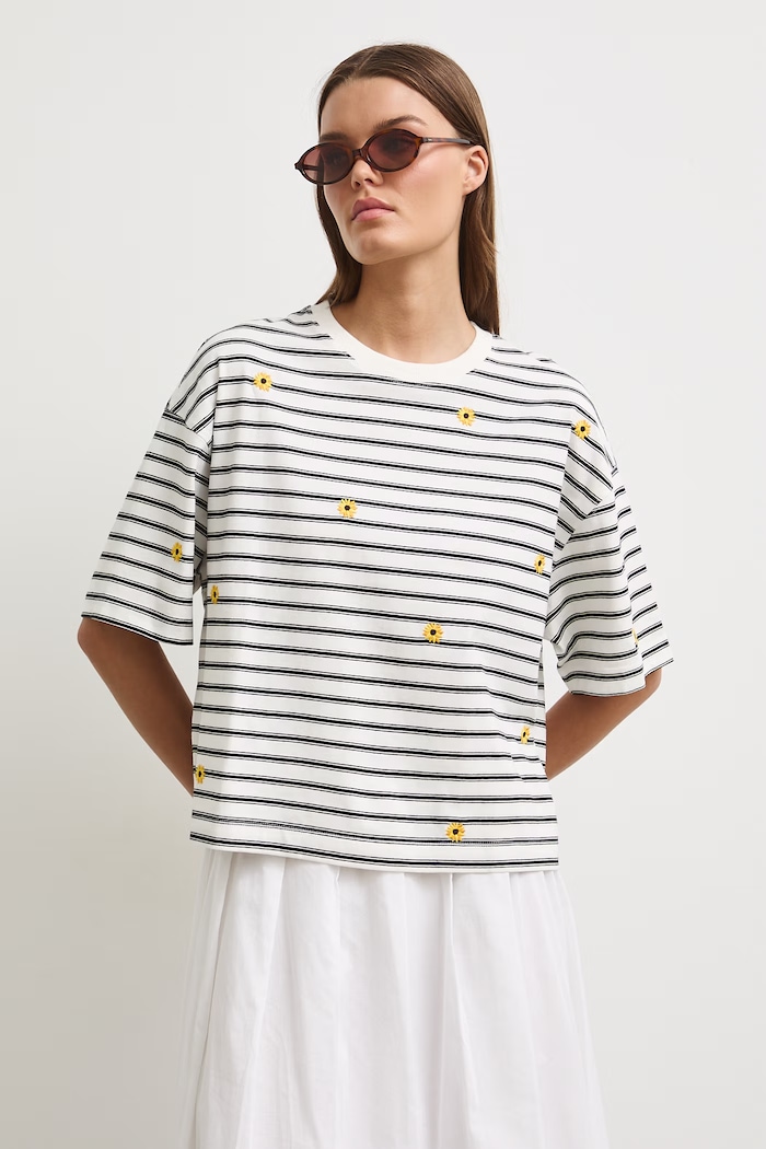 T-shirt damski bawełniany w paski RW26-TSD205 beżowy RW26