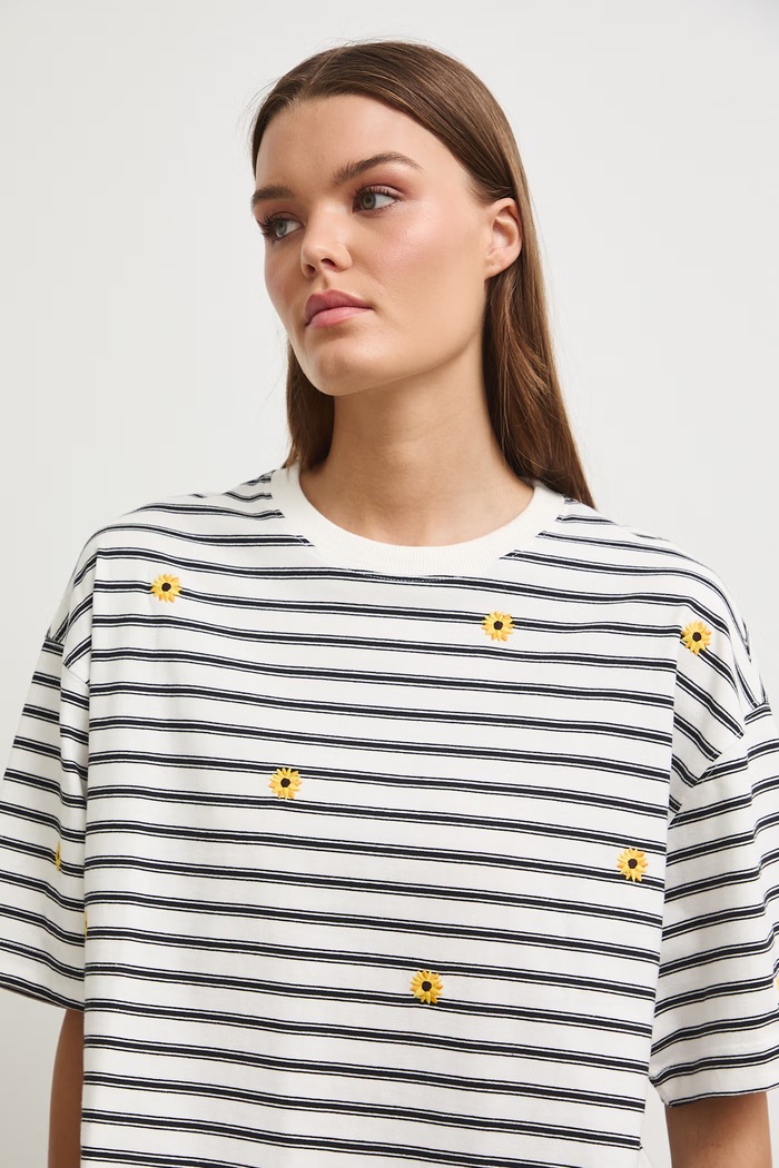 T-shirt damski bawełniany w paski beżowy RW26-TSD205