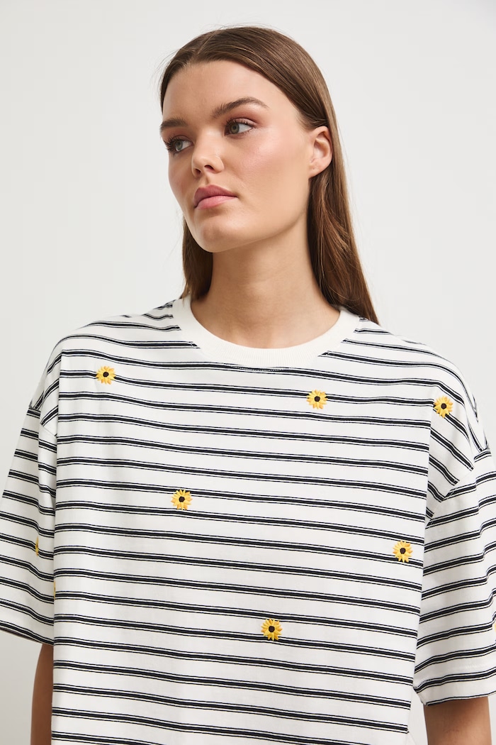 T-shirt damski bawełniany w paski beżowy RW26-TSD205