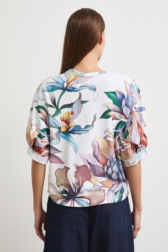 Odzież T-shirt oversize damski bawełniany z elastanem w kwiaty RW26-TSD209 beżowy