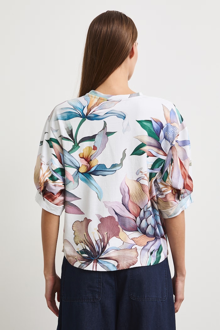 Odzież T-shirt oversize damski bawełniany z elastanem w kwiaty RW26-TSD209 beżowy