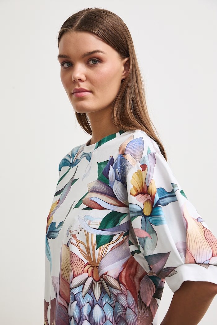 T-shirt oversize damski bawełniany z elastanem w kwiaty beżowy RW26-TSD209
