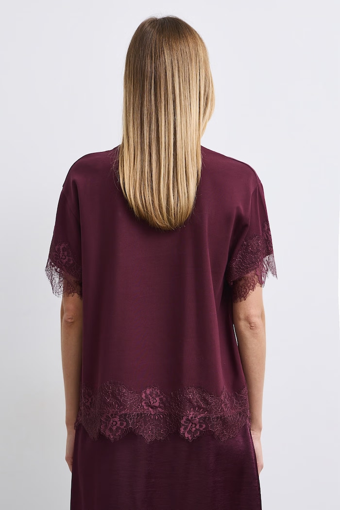 Odzież T-shirt damski bawełniany z elastanem z koronką RW26-TSD507 bordowy
