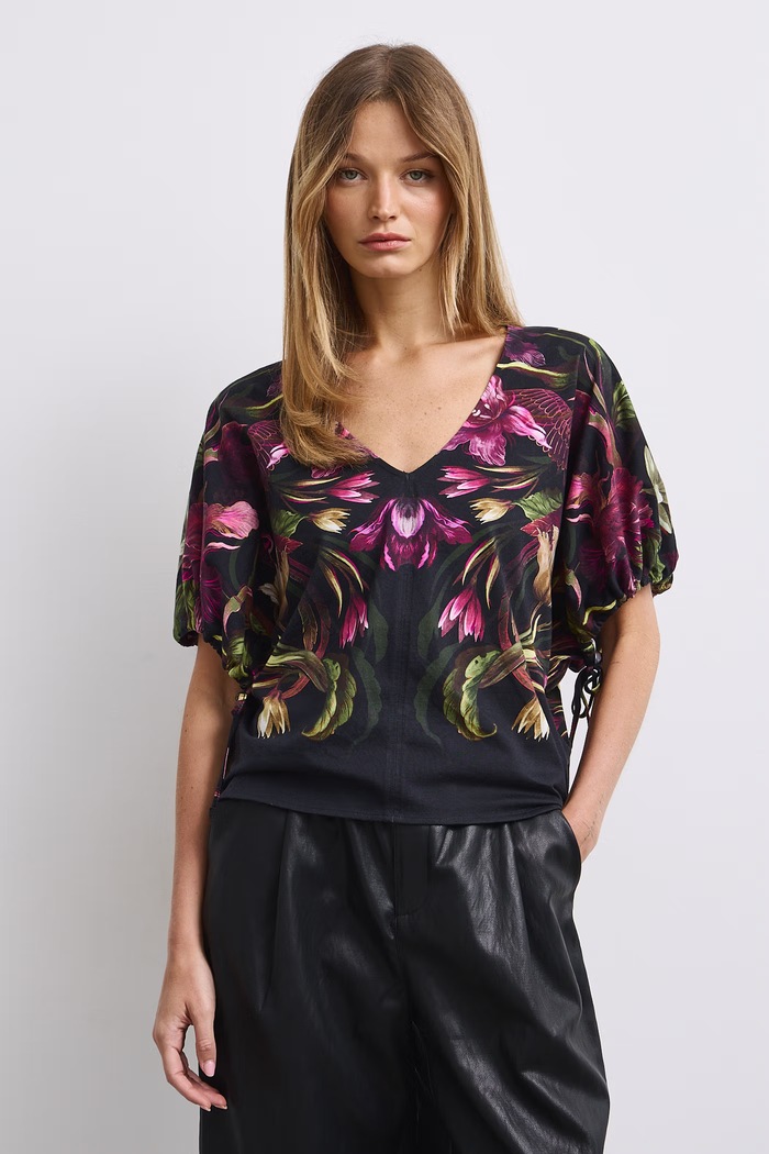 T-shirt damski bawełniany z motywem roślinnym RW26-TSD508 czarny RW26
