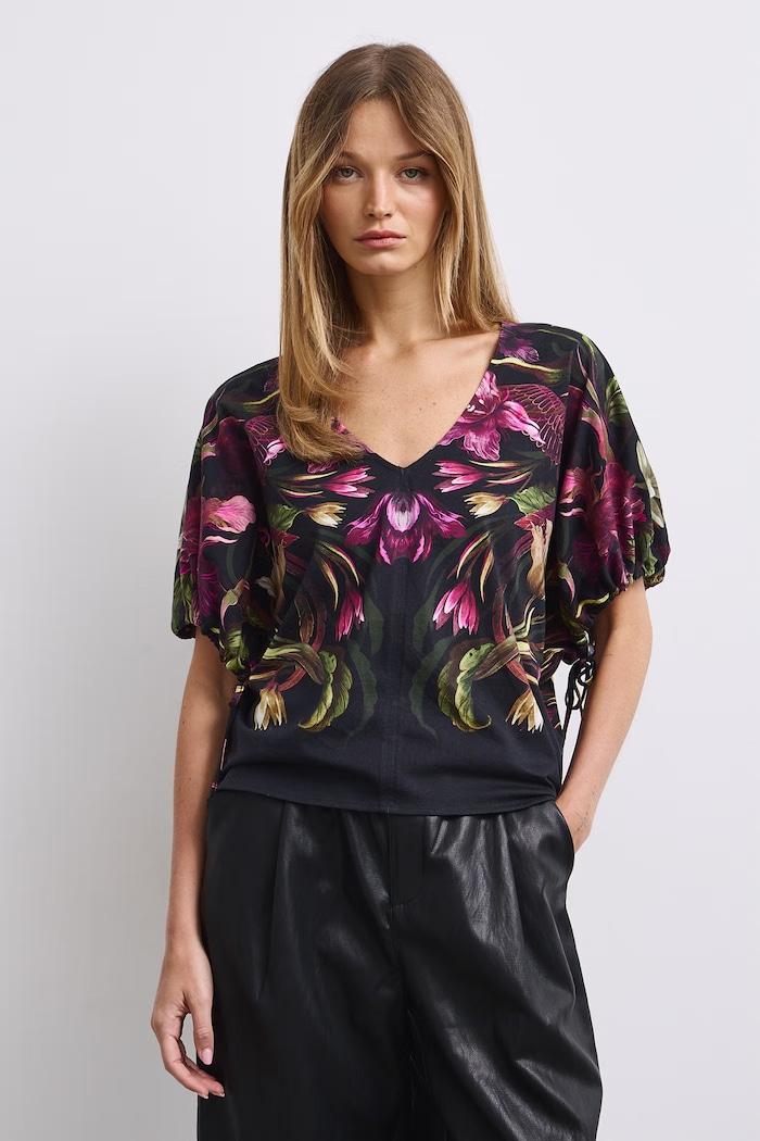 T-shirt damski bawełniany z motywem roślinnym RW26-TSD508 czarny RW26