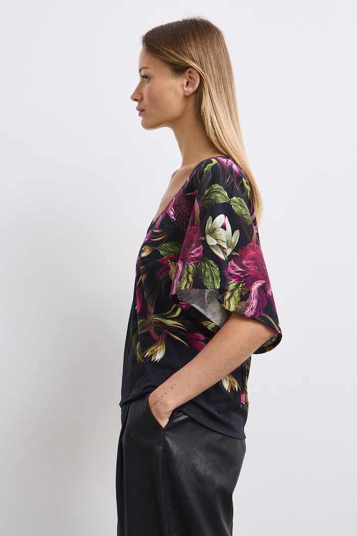 T-shirt damski bawełniany z motywem roślinnym RW26-TSD508 czarny