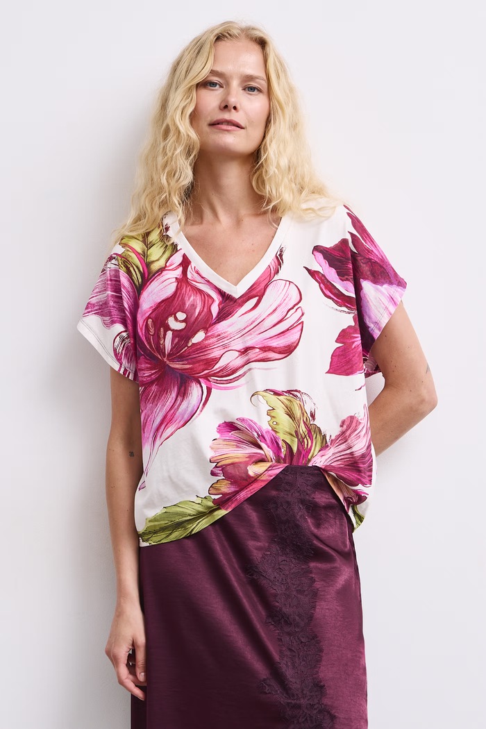 T-shirt damski bawełniany w kwiaty beżowy RW26-TSD509