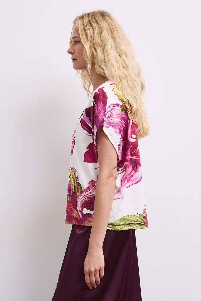T-shirt damski bawełniany w kwiaty RW26-TSD509 beżowy RW26