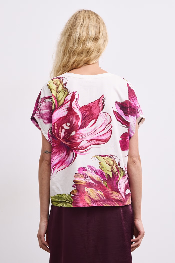 Odzież T-shirt damski bawełniany w kwiaty RW26-TSD509 beżowy