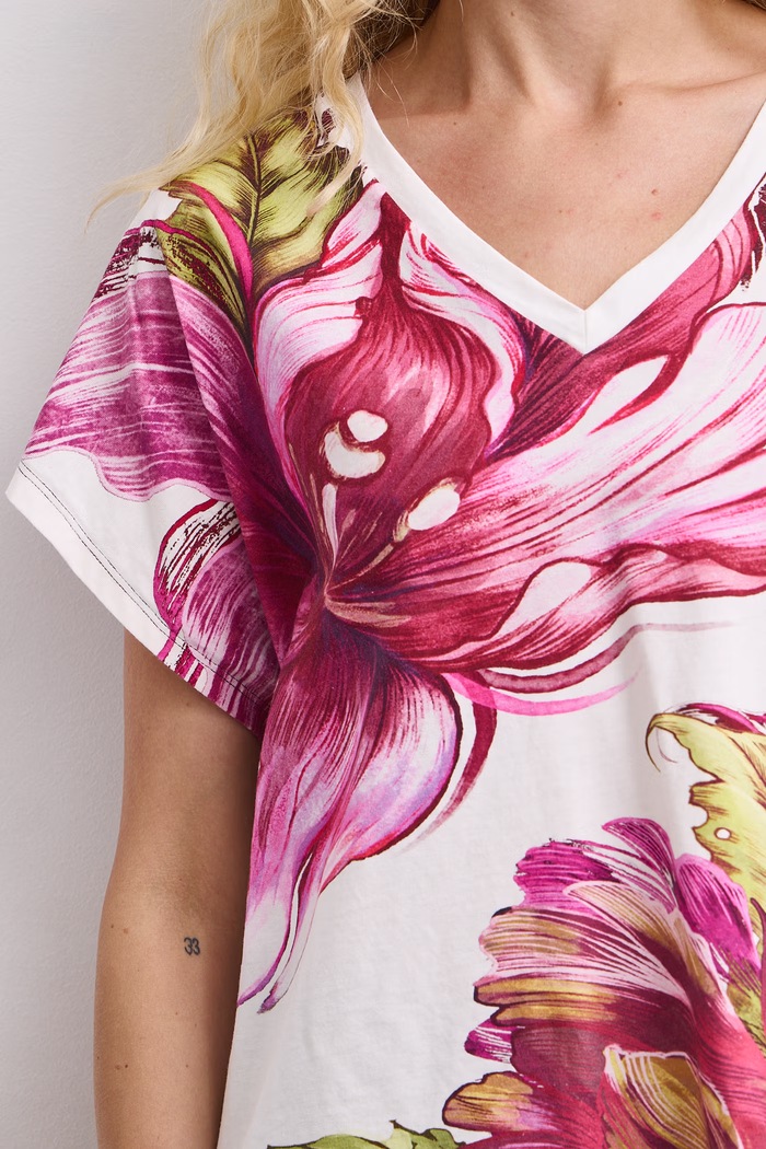 T-shirt damski bawełniany w kwiaty RW26-TSD509 beżowy