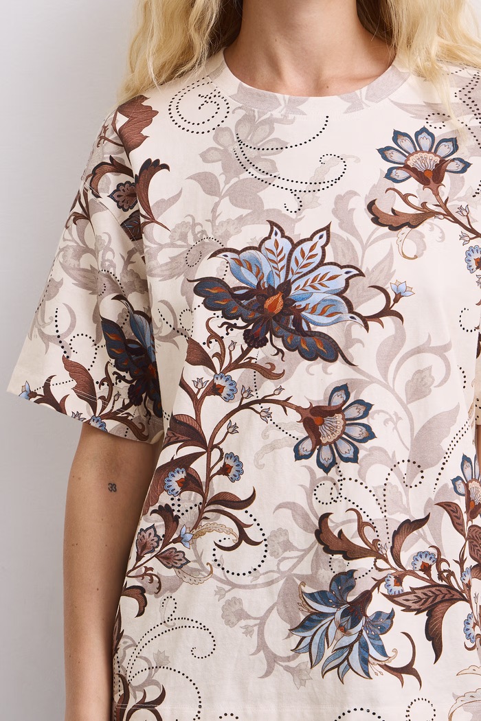 T-shirt damski w kwiaty RW26-TSD606 beżowy