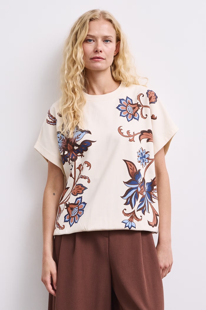 T-shirt damski bawełniany w kwiaty RW26-TSD607 beżowy RW26