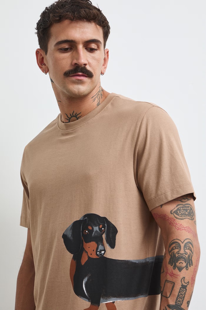 T-shirt męski bawełniany z motywem zwierzęcym beżowy RW26-TSM488