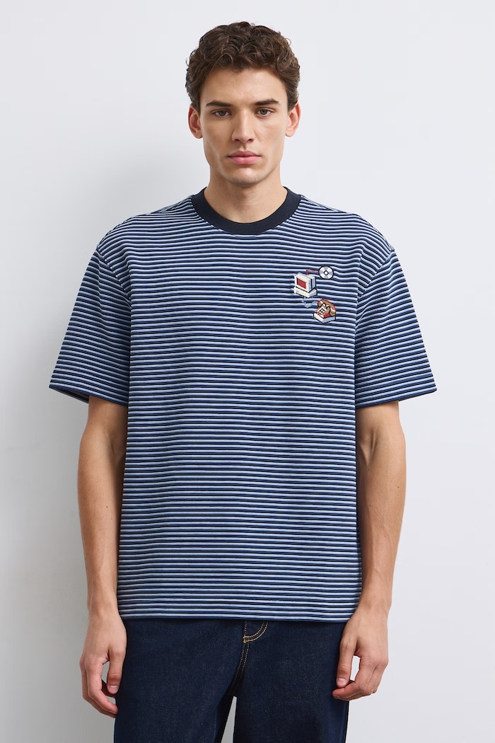T-shirt męski w paski z fakturą granatowy RW26-TSM501