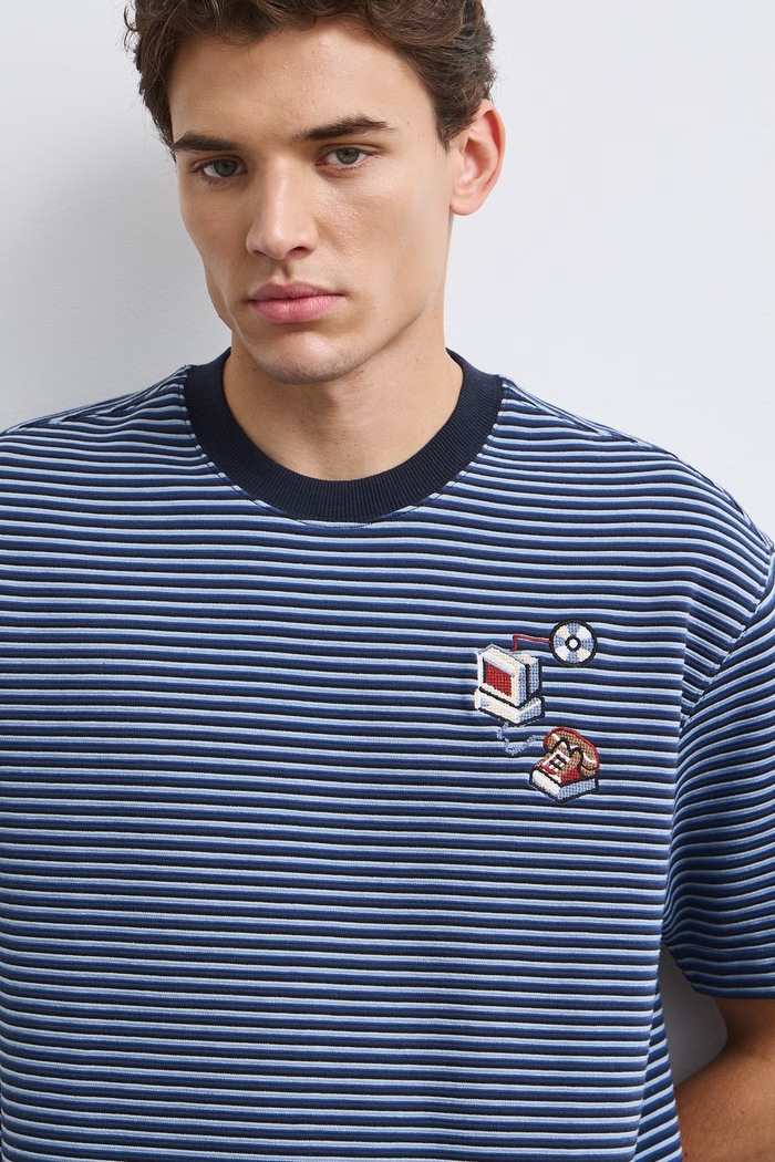 T-shirt męski w paski z fakturą RW26-TSM501 granatowy