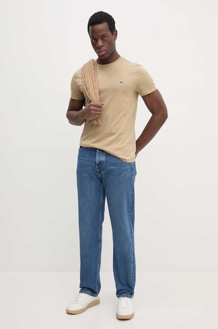Lacoste T-shirt męski bawełniany TH6709 beżowy SS26