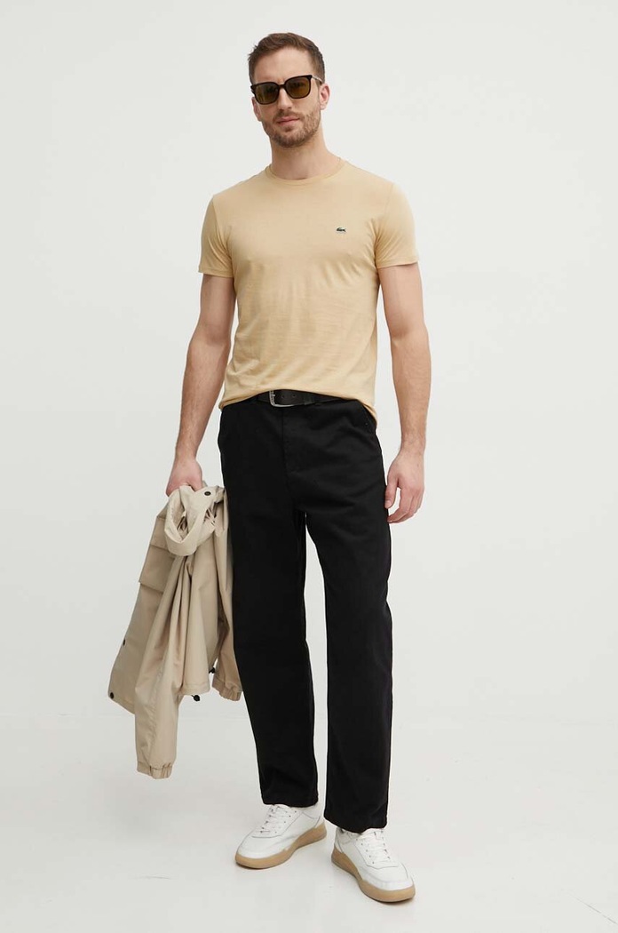 Lacoste T-shirt męski bawełniany TH6709 beżowy SS26
