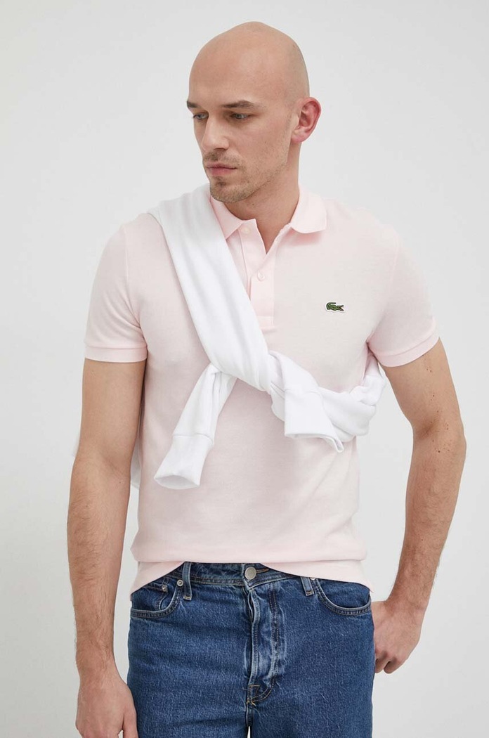 Βαμβακερό μπλουζάκι πόλο Lacoste slim ροζ PH4012