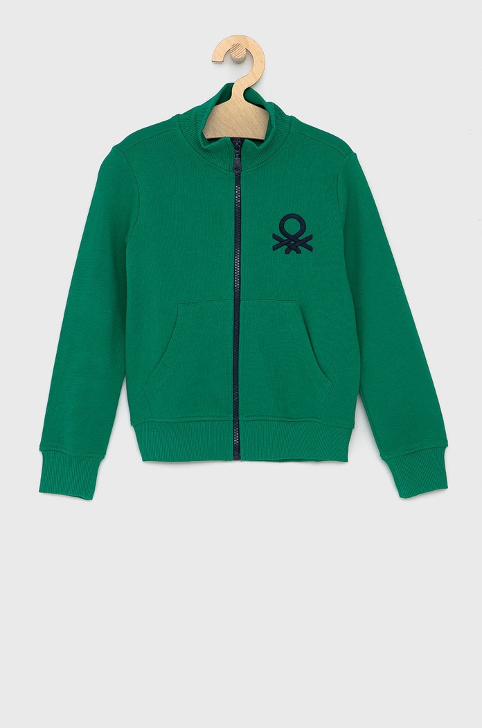 Dětská bavlněná mikina United Colors of Benetton bez kapuce zelená 3J68C5196.110.170